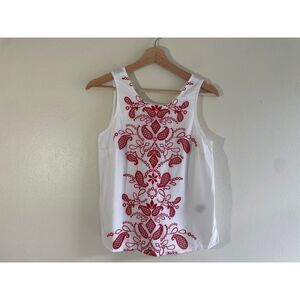 Women's Size S Red White Embroidered 100% Cotton Tie Back Blouse Boho Festival